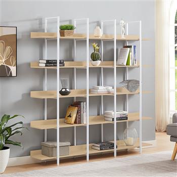 5 Tier Bookcase Home Office Open Bookshelf, Vintage Industrial Style Shelf, MDF Board, White Metal Frame, Oak