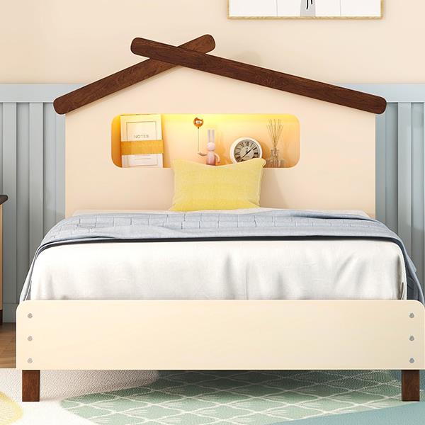 Twin Size Wood Platform Bed with House-shaped Headboard and Motion Activated Night Lights (Cream+Walnut)