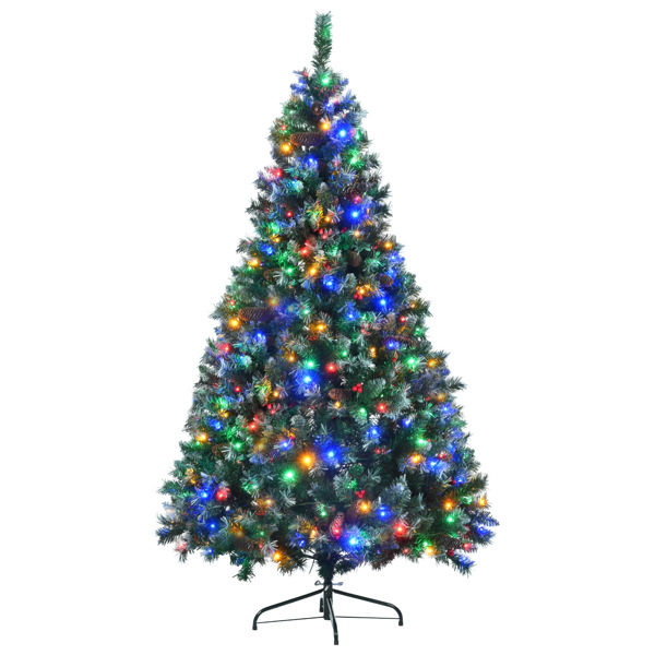 6FT Dark Green Pine Christmas Tree, Pre-Lit Set with Tree & Garland & Wreath, Hinged Artificial Xmas Tree with White Tips, Red Berries and Pine Cones, 11 Colorful Modes, Indoor Holiday Decoration 