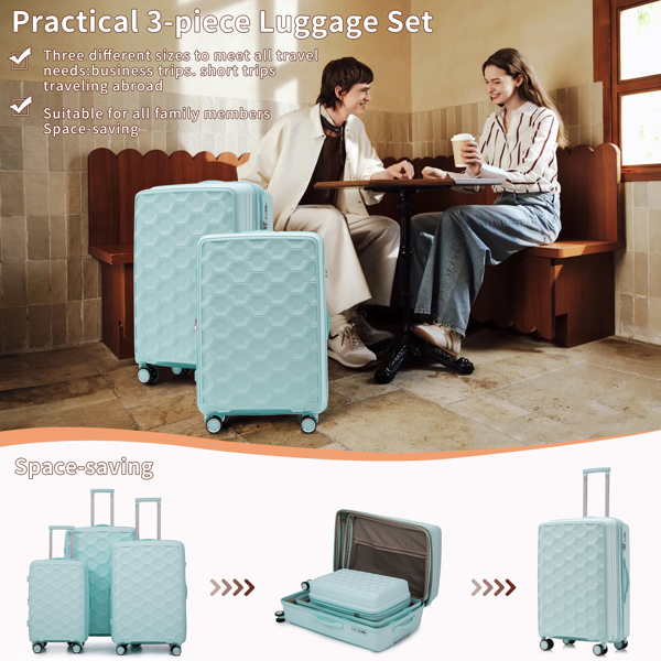 PP Luggage Sets 3 Piece(20/24/28), Expandable Carry On Luggage with TSA Lock Airline Approved, PP materials Hard Shell and Lightweight Suitcase with Spinner Wheels (Mint Green) 