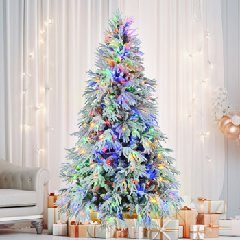 7.5FT Pre-Lit Spruce Snow Flocked Christmas Tree, Artificial Hinged Xmas Tree with 350 Multi-Color LED Lights, 8 Flashing Modes &1389 Snow Branch Tips, Holiday Office Home Décor 