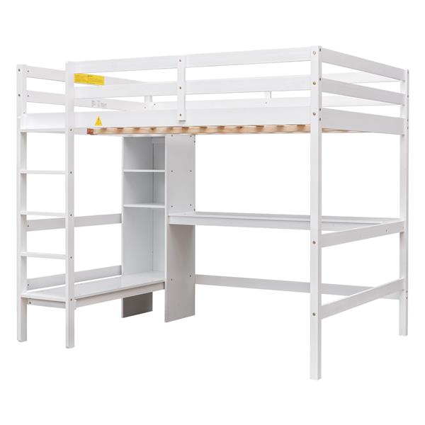 Full Size Loft Bed with Multifunction Shelves and Under-bed Desk, White