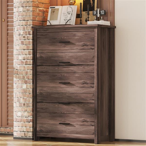 Retro American Country Style Wooden Dresser with 5 Drawer, Storage Cabinet for Bedroom, Dark Walnut