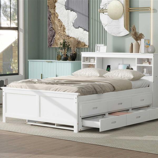 Full Size Platform Bed with Storage Headboard, USB, Twin Size Trundle and 3 Drawers, White