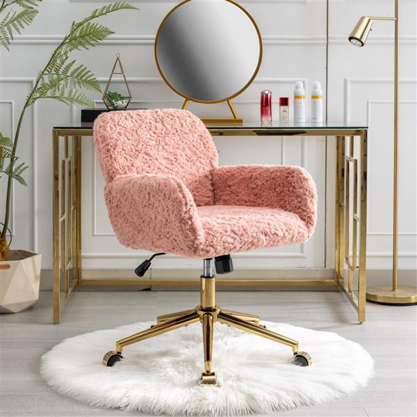 Furniture Office Chair,Artificial rabbit hair Home Office Chair with Golden Metal Base,Adjustable Desk Chair Swivel Office Chair,Vanity Chair(Pink)