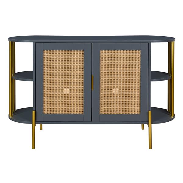 2-Door Elegant Curved Dining Cabinet with Gold Trim and Woven Rattan Doors for Dining Room (Dark Gray)