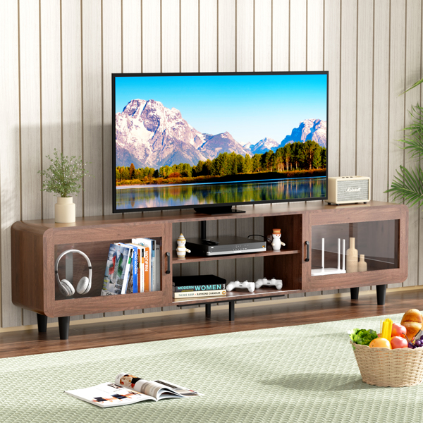 TV Stand for 55/60/65/70", Wood Entertainment Center with Power Outlets, Media Console with Sliding Doors and Open Shelf for Living Room, Walnut[Unable to ship on weekends, please note that]