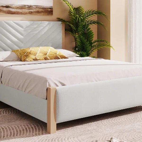 Modern Mid-Century Queen Upholstered Platform Bed Frame with Tufted Headboard and Solid Wood Legs,No Box Spring Needed,Beige