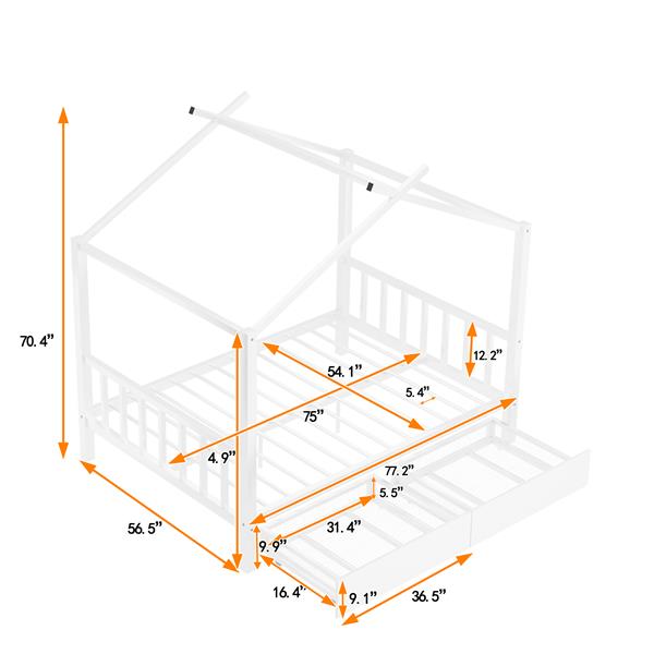 Full Size Metal House Platform Bed with Two Drawers,Headboard and Footboard,Roof Design,White