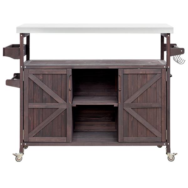  Outdoor Kitchen Island, Rolling Bar Cart & Storage Cabinet, Farmhouse Solid Wood Outdoor Grill Table with Stainless Steel Top, Spice Rack , Towel Rack for Kitchen & Barbecue , Dark Brown