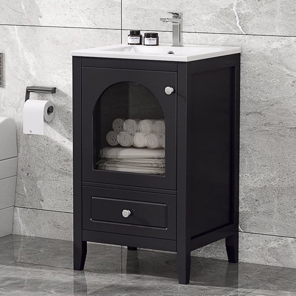 20" Bathroom Vanity with Sink, Bathroom Cabinet with Soft Closing Glass Door, A Drawer, Black 