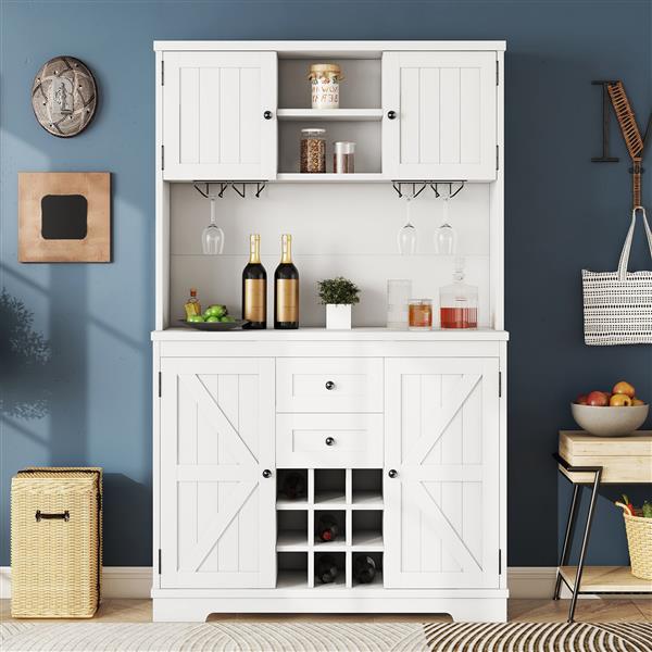 Coffee Bar Cabinet Kitchen Cabinet with Storage, Farmhouse Wine Cabinet with Drawers shelves and cabinets, Buffet Cabinet Wine & Glass Racks for Dining Room, White