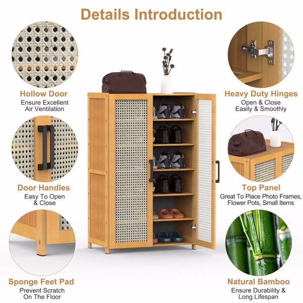 6-Tier Shoe Cabinet with Bamboo Shoe Rack Freestanding Shoe Organizer with 2 Hollow Doors and Handles 154lbs Max Load for Closet Hallway Living Room