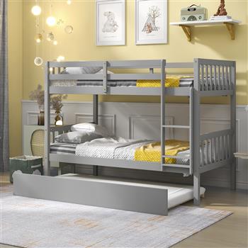 Twin Over Twin Bunk Beds with Trundle, Solid Wood Trundle Bed Frame with Safety Rail and Ladder, Kids/Teens Bedroom, Guest Room Furniture, Can Be converted into 2 Beds,Grey