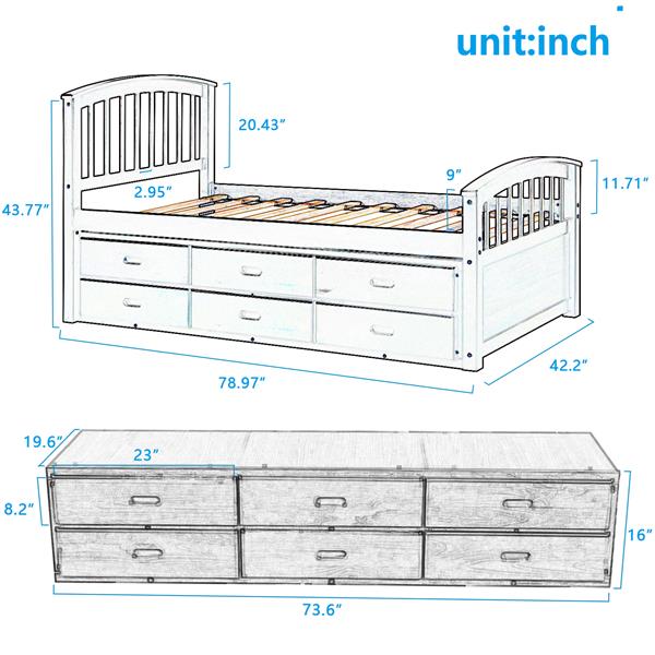 . Twin Size Platform Storage Bed Solid Wood Bed with 6 Drawers