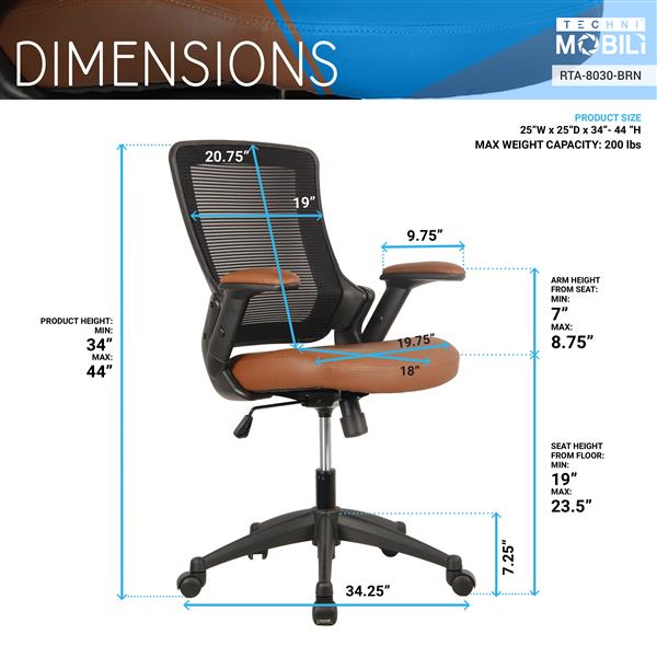 Mid-Back Mesh Task Office Chair with Height Adjustable Arms, Brown