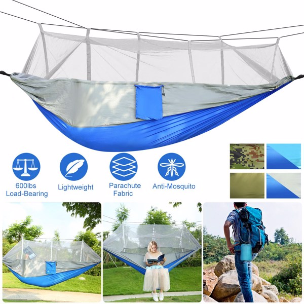 Camping Hammock, Portable Double Hammock with Net,600lbs Load 2 Persons Hammock w/Mosquito Net Outdoor Hiking Camping Hommock Portable Nylon Swing Hanging Bed w/ Strap Hook Carry Bag