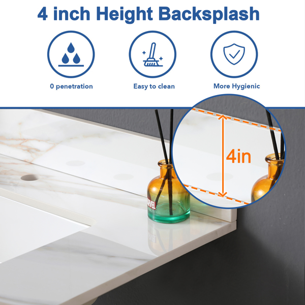 31 Inch Marble Vanity Top, Bathroom Vanity Top with Undermount Rectangular Middle Sink and 4" Height Backsplash, Pre-Drilled Faucet Hole Vanity Top, Single Hole