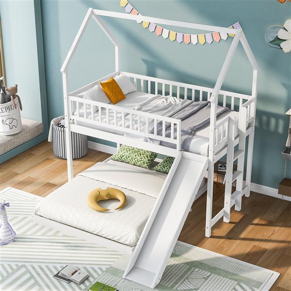 Twin over Full House Bunk Bed with Slide and Built-in Ladder, Full-Length Guardrail, White