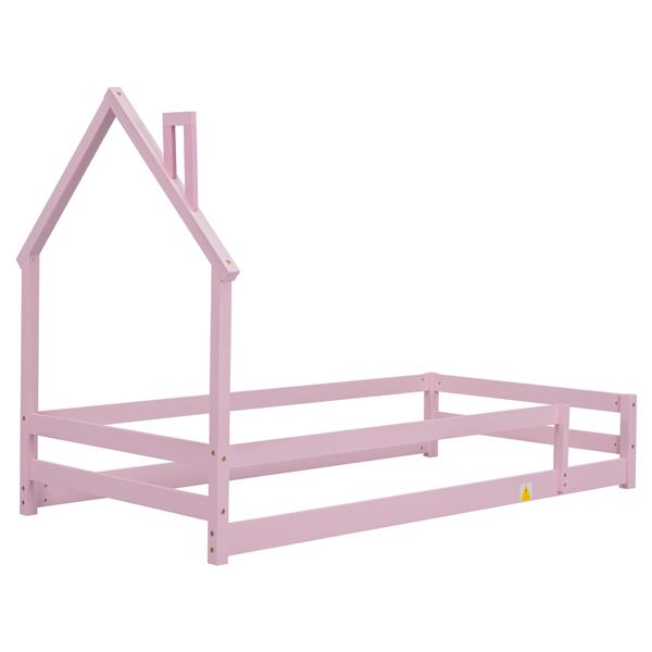 Twin Size Wood bed with House-shaped Headboard Floor bed with Fences,Pink