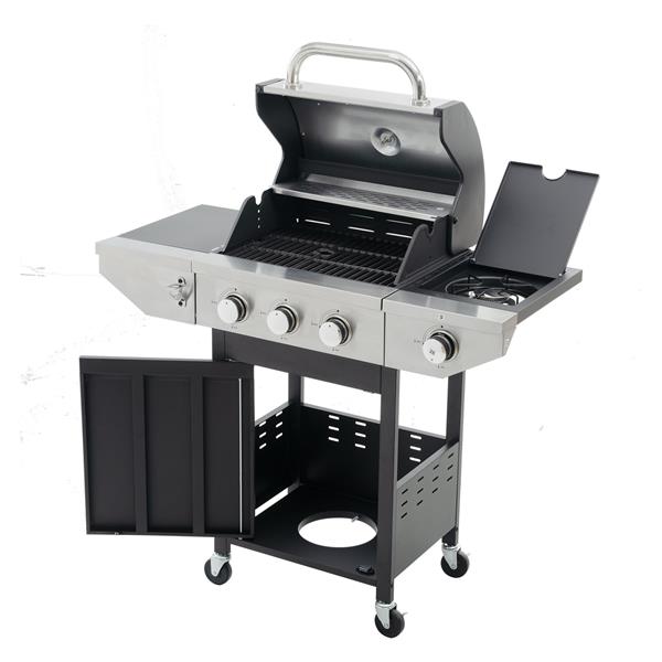 Propane Grill 3 Burner Barbecue Grill Stainless Steel Gas Grill with Side Burner and Thermometer for Outdoor BBQ, Camping