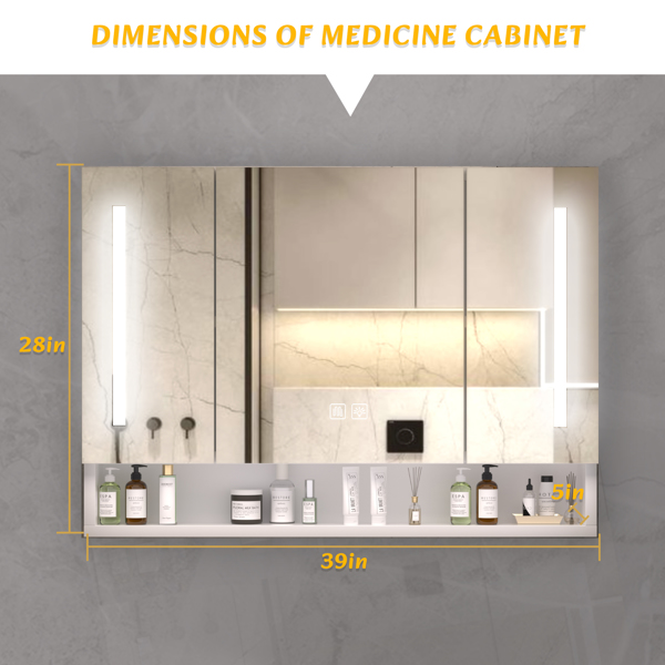 Modern 39x28 inches bathroom cabinets, medicine cabinets with mirrors and LED lights, bathroom storage cabinet with multilevel storage compartments 