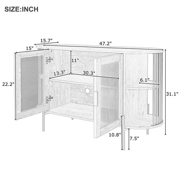 2-Door Elegant Curved Dining Cabinet with Gold Trim and Woven Rattan Doors for Dining Room (Natural)