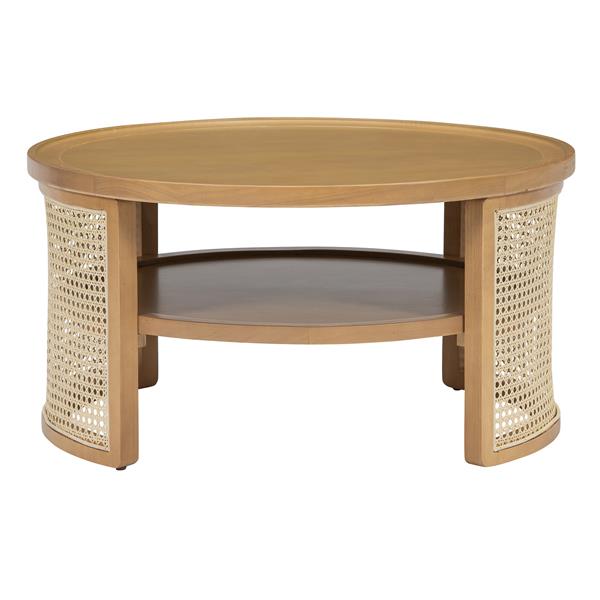 2-Tiered Round Natural Wood Coffee Table with Storage Rattan Base in 31.3''