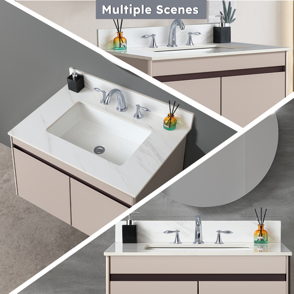 31 Inch Marble Vanity Top, White Vanity Top with Pre-drilled Faucet Holes, Bathroom Vanity Top with Undermount Rectangular Middle Sink and 4" Height Backsplash Three Holes