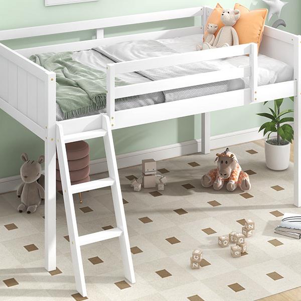 Twin Size Wood Low Loft Bed with Ladder, ladder can be placed on the left or right, White