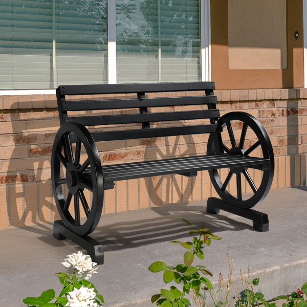 Rustic 2-Person Wooden Wagon Wheel Bench with Slatted Seat and Backrest, Black