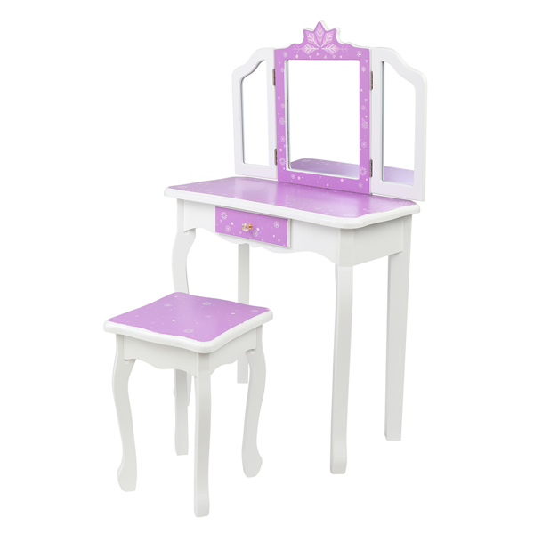 Children's Wooden Dressing Table Three-Sided Folding Mirror Dressing Table  Chair Single Drawer Purple   Snowflake Style