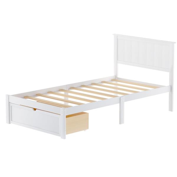 Twin Size Platform Bed with Under-bed Drawer, White