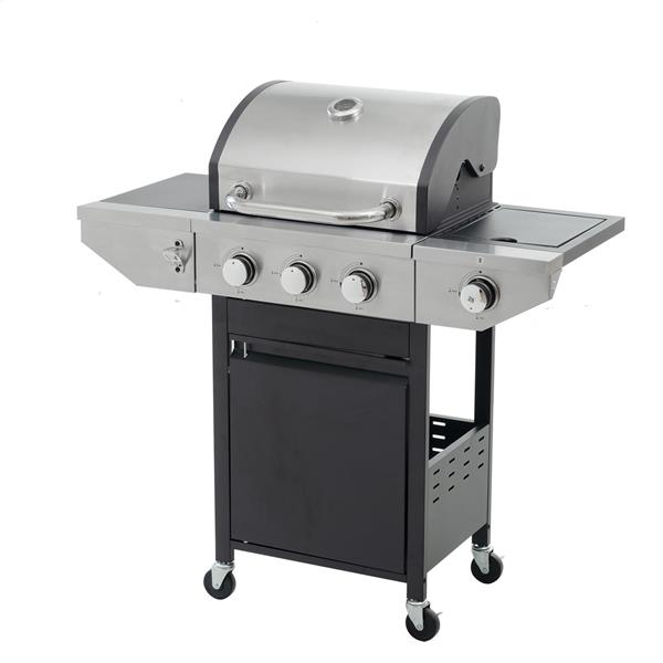 Propane Grill 3 Burner Barbecue Grill Stainless Steel Gas Grill with Side Burner and Thermometer for Outdoor BBQ, Camping