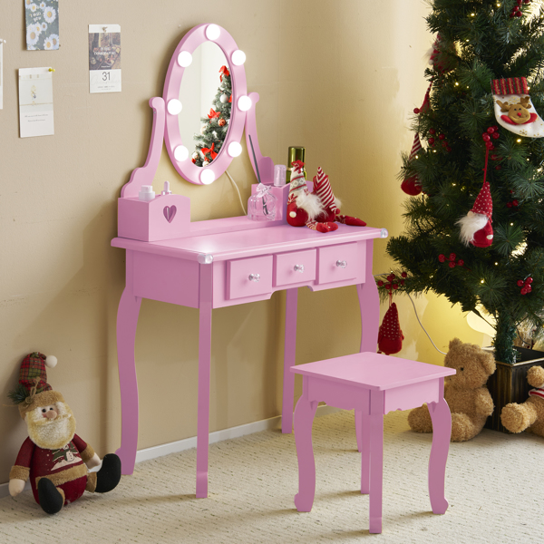 FCH Kids Vanity Set with Mirror and Lights and Stool, 5 Storage Drawers, Pretend Play Princess Makeup Desk Dressing Table and Stool Set for Little Girls Age 3+, Macaroon Purple