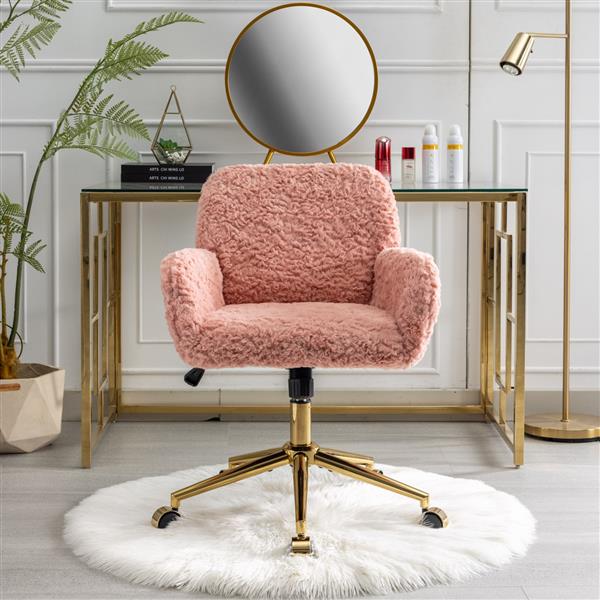 Furniture Office Chair,Artificial rabbit hair Home Office Chair with Golden Metal Base,Adjustable Desk Chair Swivel Office Chair,Vanity Chair(Pink)