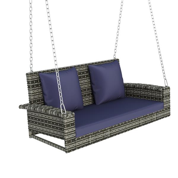 2-Person Wicker Hanging Porch Swing with Chains, Cushion, Pillow, Rattan Swing Bench for Garden, Backyard, Pond. (Gray Wicker, Blue Cushion)