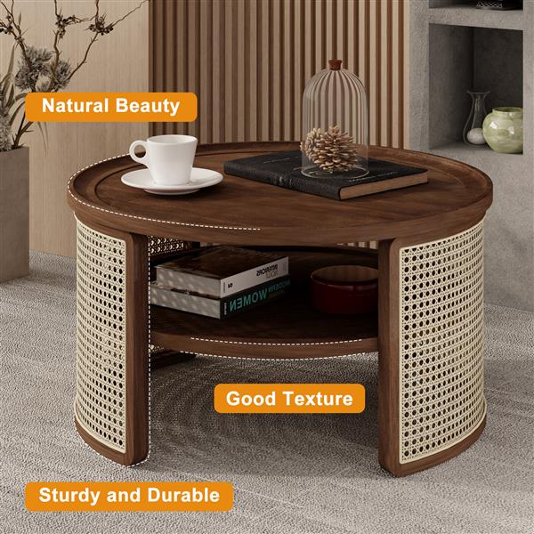 2-Tiered Round Walnut Wood Coffee Table with Storage Rattan Base in 31.3''