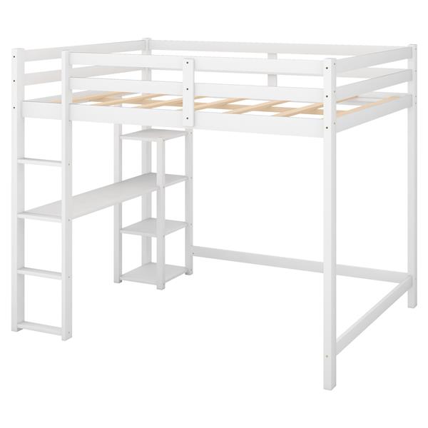 Full Size Loft Bed with Built-in Desk and Shelves,White