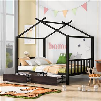 Full Size Metal House Platform Bed with Two Drawers,Headboard and Footboard,Roof Design,Black