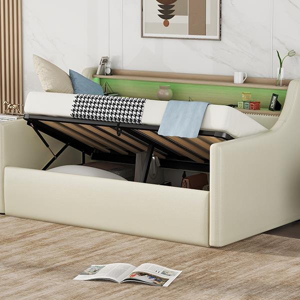 Twin Size Daybed with Hydraulic Storage, Upholstered Daybed with Lift Up Storage, Twin Leather Daybed with Charging Station and LED Lights,Beige