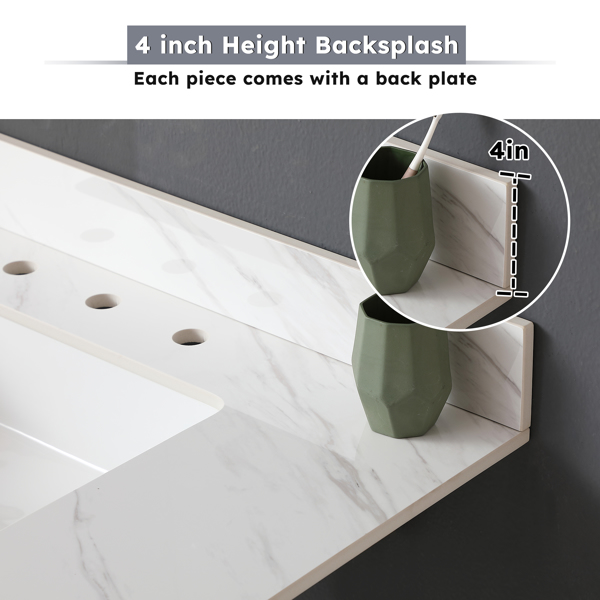 37 Inch Marble Vanity Top, White Vanity Top with Pre-drilled Faucet Holes, Bathroom Vanity Top with Undermount Rectangular Middle Sink and 4" Height Backsplash Three Holes