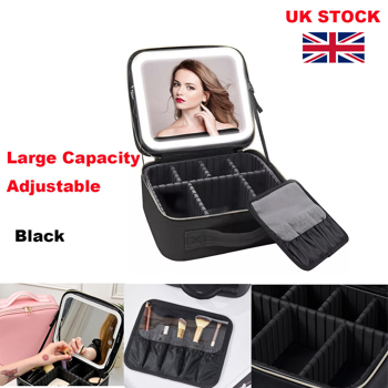 Makeup Bag with <b style=\\'color:red\\'>LED</b> Light <b style=\\'color:red\\'>Mirror</b> PU Makeup Case Cosmetic Box Black UK