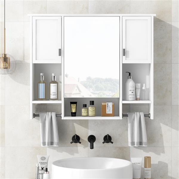 35'' x 28'' Modern Wall Mounted Bathroom Storage Cabinet, Bathroom Wall Cabinet with Mirror, Medicine Cabinet with Towels Bar