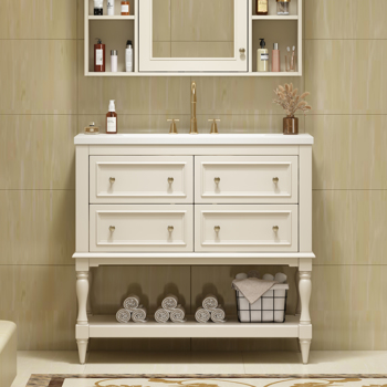 36\\" Bathroom Vanity Cabinet with Sink Combo Set, Undermount Resin Sink, Free Standing Vanity Set with 4 Drawers, Solid Wood Frame Bathroom Cabinet, Beige 