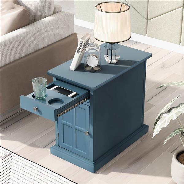 Classic Vintage Livingroom End Table Side Table with USB Ports and One Multifunctional Drawer with cup holders, Antique Navy