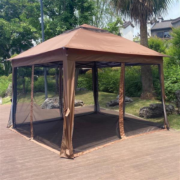 Outdoor 11x 11Ft Pop Up Gazebo Canopy With Removable Zipper Netting,2-Tier Soft Top Event Tent,Suitable For Patio Backyard Garden Camping Area with 4 Sandbags,Brown