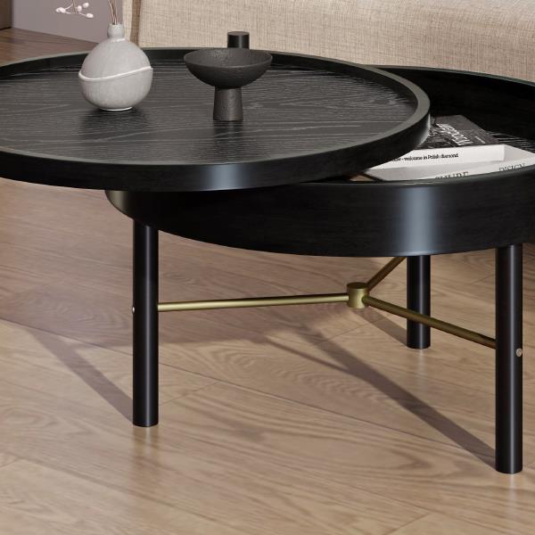 Modern Round Wood Rotating Tray Coffee Table with Storage & Metal Legs in Black