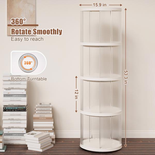 360° Rotating Bookshelf, Small Corner Bookcase with Small Footprint, 4 Tier Floor Standing Bookcasefor Kids&Adults, Narrow Book Shelf Organizer for Bedroom, Living Room, Round, White 