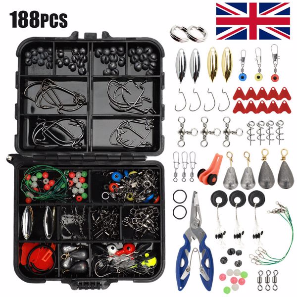 188pcs/set Sea Fishing Accessories Tackle Box Kit Set Jig-Hooks Swivels Clamp